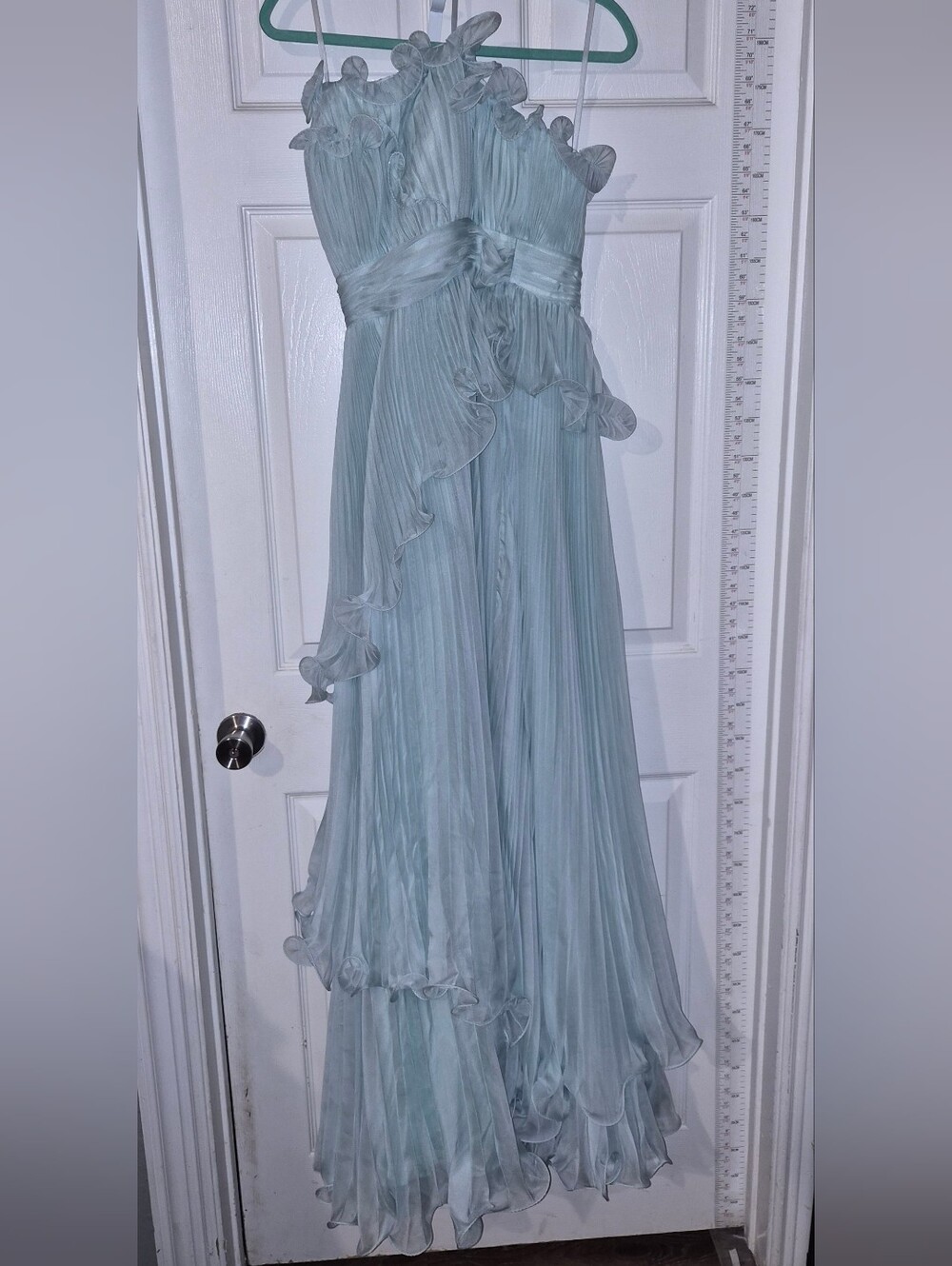 Mac Duggal Size 8 Light Blue Pleated Ruffle Maxi Gown